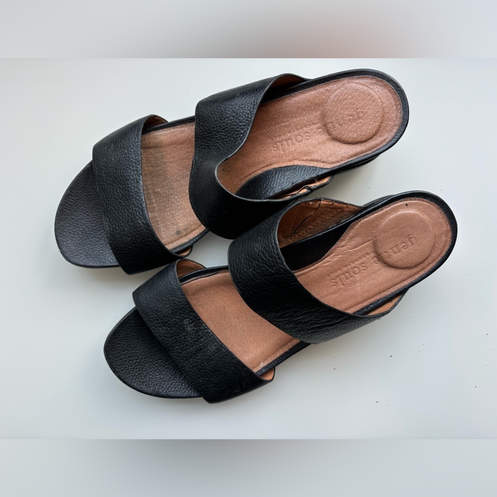 gentle souls Black Double-Band Leather Slide Sandals